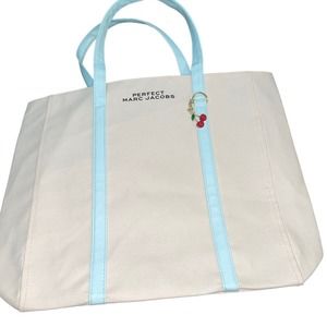 Marc Jacobs Perfect Ivory White Blue Accent Fabric Tote Bag Cherry Charm NEW